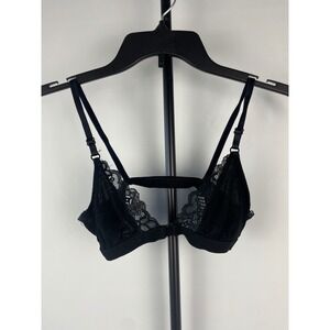 Natori II Black Lace Front Clasp Bralette Wireless Bra Floral Trim 24028 Size 32
